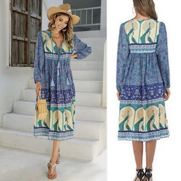 R. VIVIMOS Boho Peacock Printed Beachy Flowy Blue Tassel Tie Summer Floral Dress - Picture 1 of 14